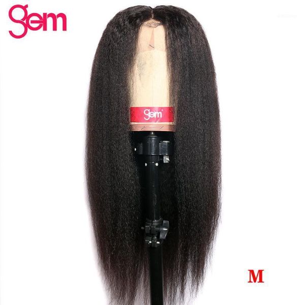 

kinky straight wig brazilian remy 13*4 lace front human hair wigs for women gem 150% material grade m wig1, Black;brown