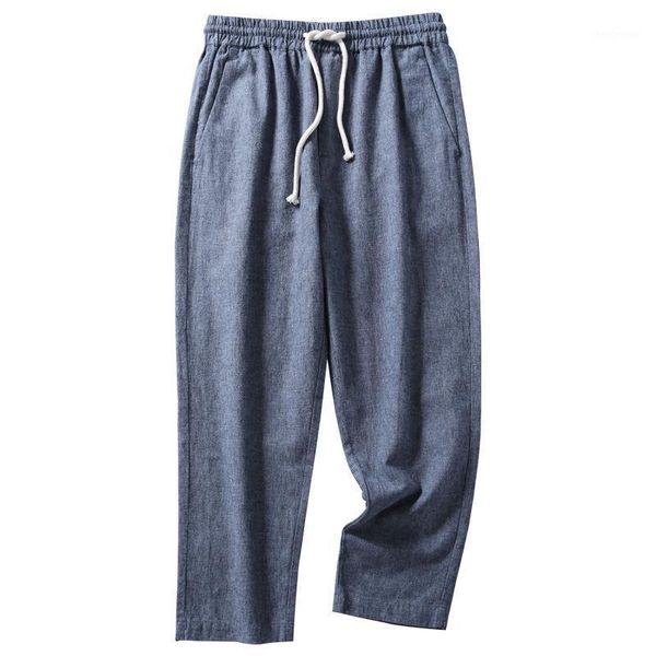 

men's pants casual summer pure color simple elastic waist cotton and linen trousers ankle-length, Black