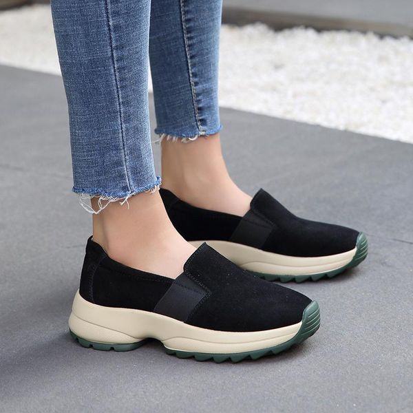 

dress shoes marson women's casual fashion sneakers suede comfortable light soft ladies outdoor walking thick bottom footwear slip-on, Black