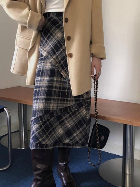 

skirts spring autumn women long skirt plaid straight cotton korean fashion style ladies kobieta spÃ³dnice, Black