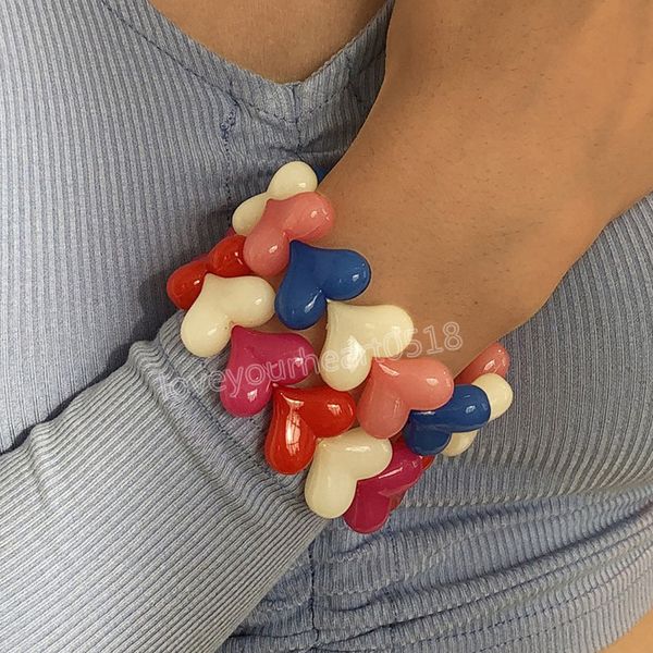 

sweet acrylic colorful peach heart chain bracelet women girl korean contrast color elastic love bracelet bangle romantic jewelry, Golden;silver
