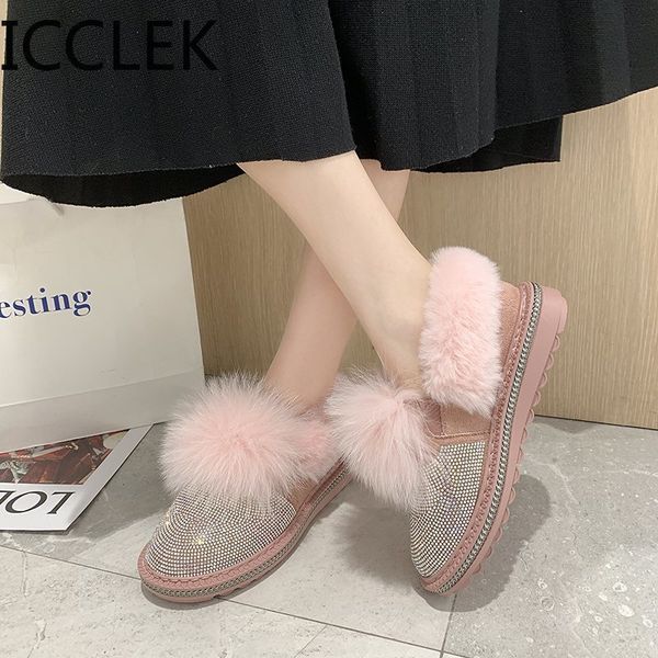 

woman snow boots luxury crystal platform women winter shoes warm plush pink fur ankle boots thick cotton padded bota 210428, Black