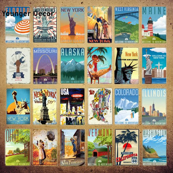 

american countries cities travel metal signs new york alaska ohio washington decor vintage wall sticker painting poster yi-063
