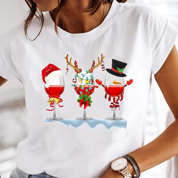 

women's t-shirt women wine love 90s trend holiday merry christmas tshirt female clothes tees happy year graphic cartoon print, White