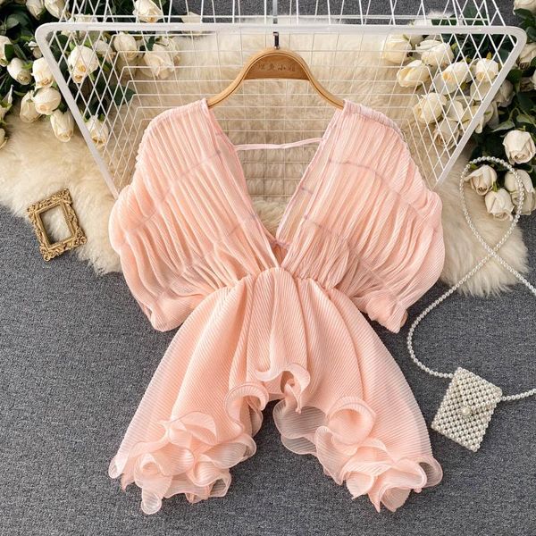 

women's blouses & shirts vanovich 2022 autumn irregular wavy edge solid color sweet chiffon shirt with waist and thin temperament v-nec, White