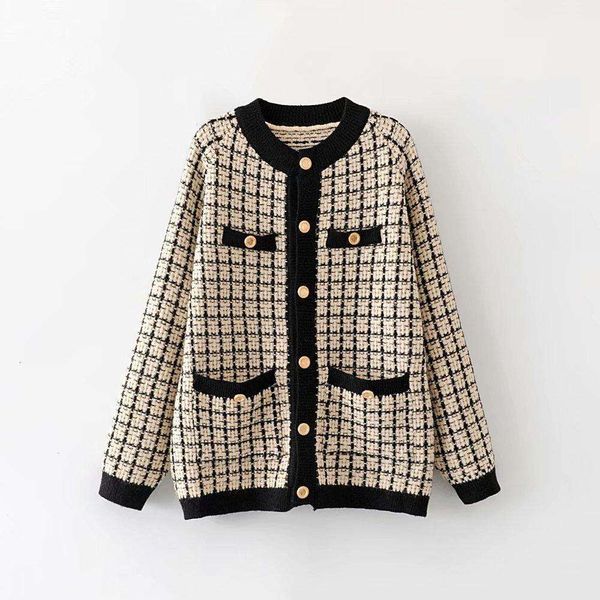 

autumn and winter thousand bird lattice pocket round neck single breasted knitted sweater cardigan jacket women, Black;brown