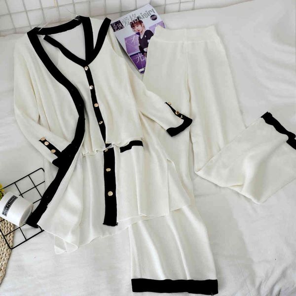 

xiaoxiangfeng ladies knit suit female royal sister thin and high-waisted wide leg pants three-piece 210525, White