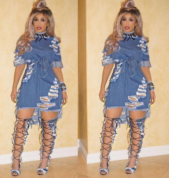 

stylish ripped women dress denim summer broken holes blue mini dark cut up hollow out, Black;gray