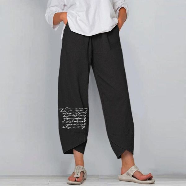 

women's pants & capris letter printed women elastic waist casual pockets cotton linen straight long trousers spodnie damskie, Black;white