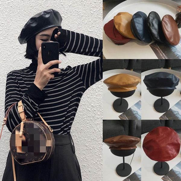 

women fashion beret solid faux pu leather french artist warm beanie hat, Blue;gray