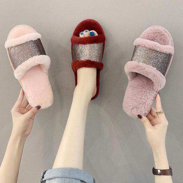 

slippers large-size plush women's flat-bottomed non-slip shiny cotton, Black
