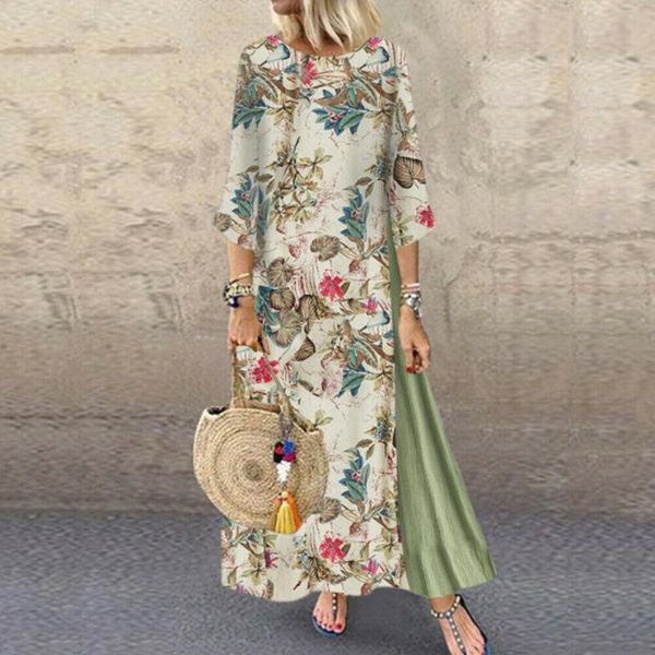 

casual dresses early autumn women cotton linen long dress floral splicing maxi summer sundress holiday beachwear 2021, Black;gray
