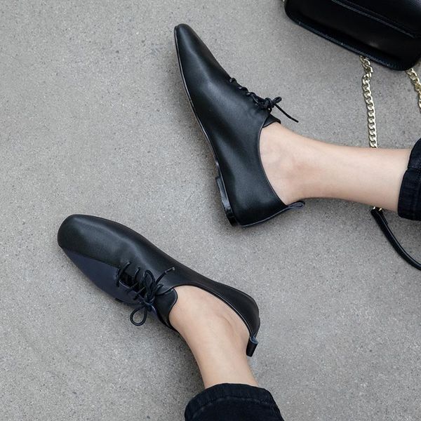 

dress shoes women pumps plus size 22-26.5cm length color stitching genuine leather woman two-tone low-heeled casual, Black