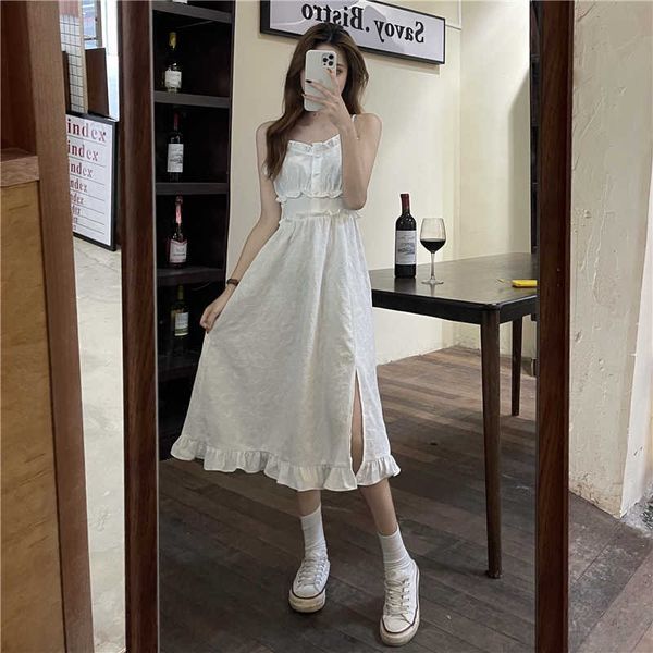 

two piece dress white cotton spaghetti strap summer women ruffles clubwear high waist split sweet girls long midi backless z4