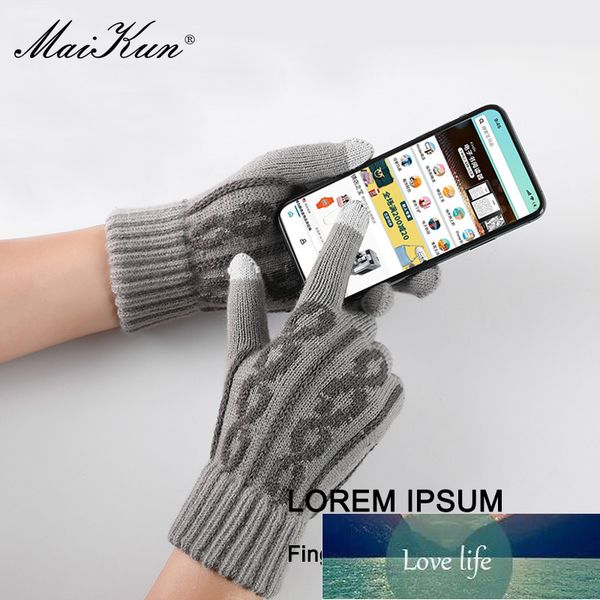 

maikun fashion winter plus velvet knitted touch screen gloves for women warm woolen jacquard split finger thick gloves factory price expert, Blue;gray