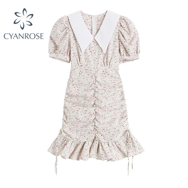 

stylish floral print dresses women summer sweet shirring ruffles high waist vestiods female puff short sleeve slim clothing 210430, Black;gray