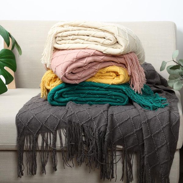 

blankets nordic retro rhombic wool solid color sofa blanket with tassels travel tv nap air conditioning bed decoration