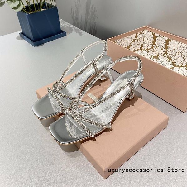 

luxury fashion high heels crystal rhinestone sandals women pumps 2021 summer one word strap square toe stiletto shoes female dress, Black