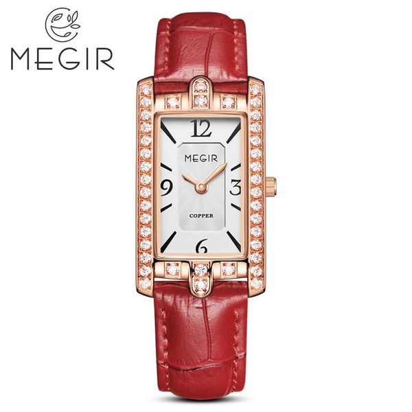 

wristwatches megir women diamond watch rectangle dial watches ladies leather band quartz wristwatch female clock zegarek damski 7004g, Slivery;brown