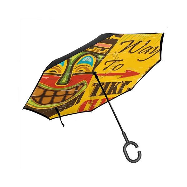 

umbrellas car reverse umbrella, way to tiki club retro poster design grunge polynesian exotic print, with c-shaped handle, umbrella