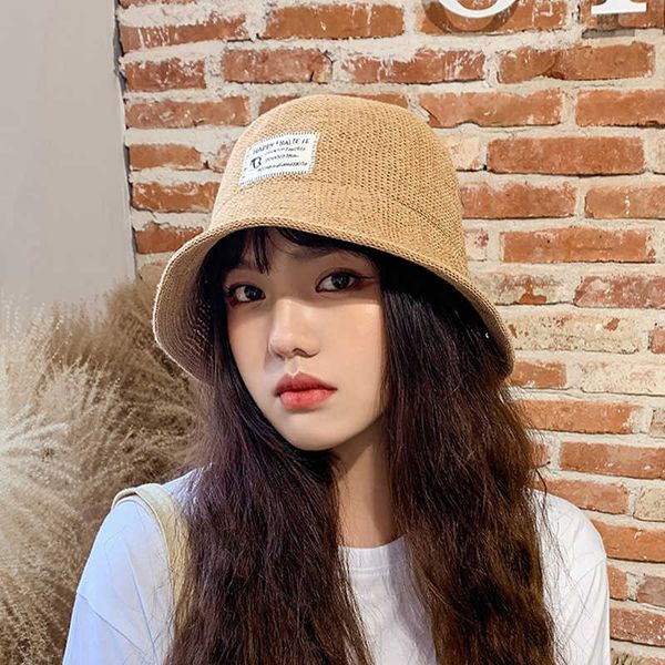 

spring and summer new pure color knitting bucket milk silk cloth label letter basin hat women's designer thin face sunshade fisherman&#