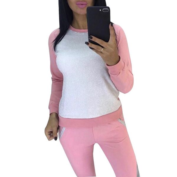 

women's two piece pants women outfits sets fall winter long sleeve 2 set crop and jogger sportwear tracksuit pink sj186s, White