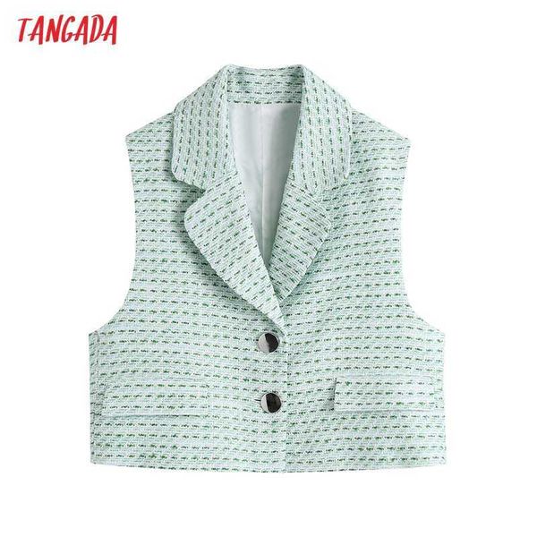 

tangada women fashion green tweed cropped vest coat vintage sleeveless pockets female waistcoat chic be789 210609, Black;white