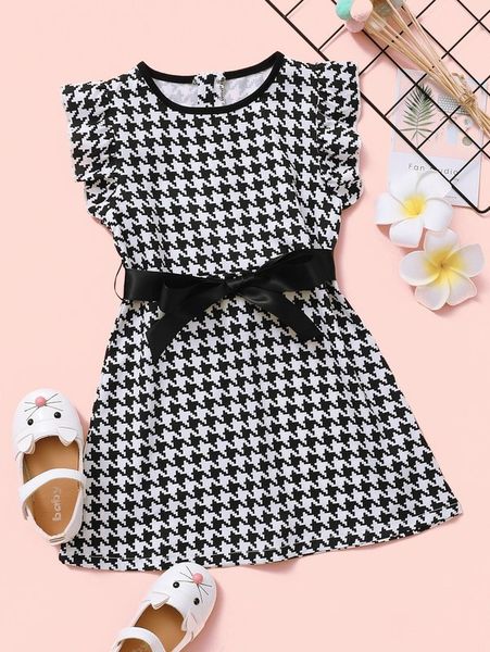 

toddler girls ruffle trim belted houndstooth dress she, Red;yellow