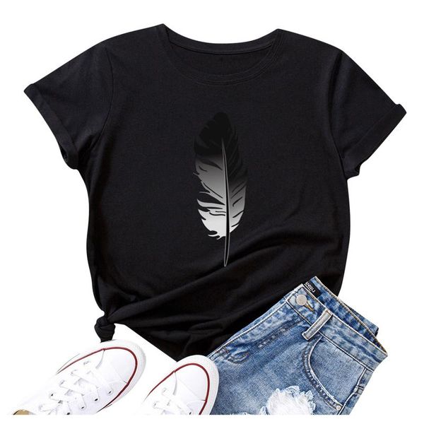 

women's t-shirt summer round neck casual t shirts loose graphic feather print shirt 2021 fashion short sleeve tee d4, White
