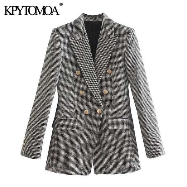 KPYTOMOA Kadın Moda Houndsthooth Gömme Blazer Ceket Vintage Uzun Kollu Flap Cepler Kadın Giyim Şık Veste Femme 211122