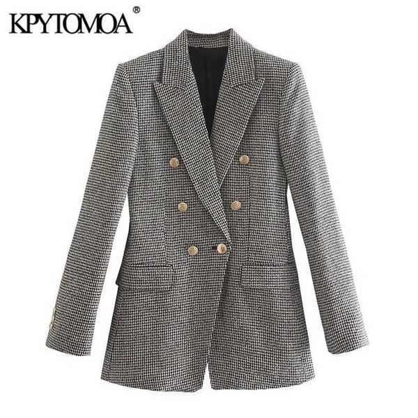 KPytomoa Mulheres Moda Houndstooth Fitted Blazer Casaco Vintage Manga Longa Flap Bolsos Feminino Outerwear Chic Vesté Femme 211122