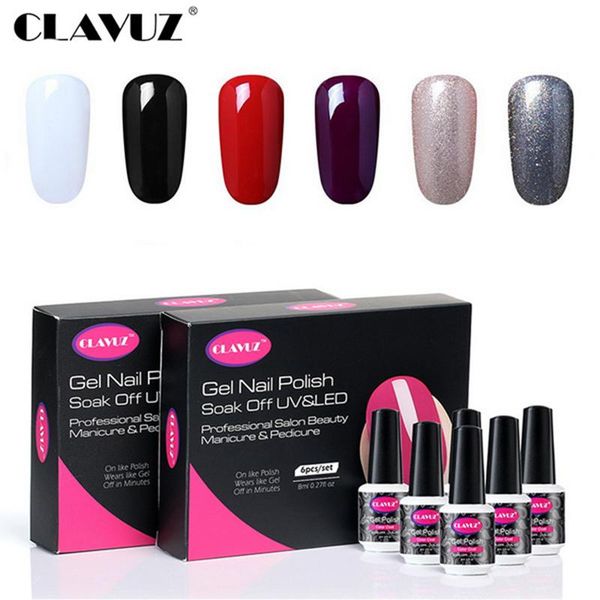 

nail art kits clavuz 6pcs/lot 8ml pure color gel varnish soak off uv polish base coat no wipe semi permanent set