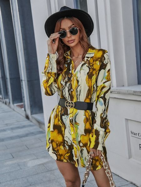 

marble print drop shoulder blouse without belt 08df#, White