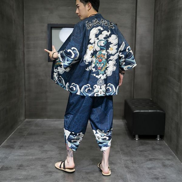 

men's tracksuits antique hanfu suit summer seven-sleeve sleeve cardigan road robe chinese style loose large size thin sun protection ja, Gray