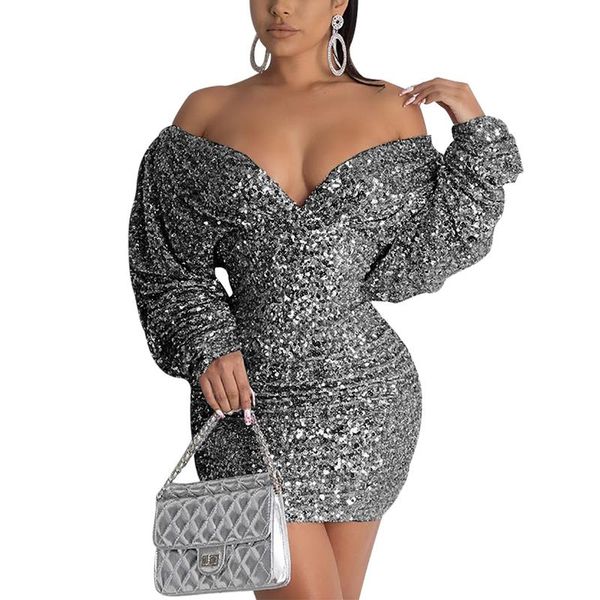 

casual dresses women pleated sequined off shoulder dress sparkly bodycon, Black;gray