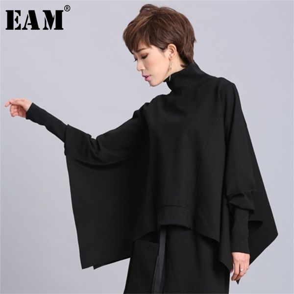 

[eam] loose fit black asymmetrical oversized sweatshirt turtleneck long sleeve women big size fashion spring oa869 210809