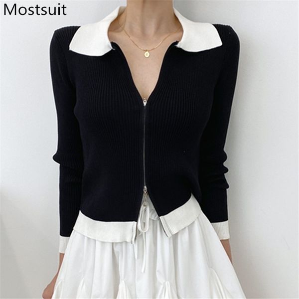 

autumn korean color-blocked knitted short cardigans women zip-up long sleeve turn-down collar fashion ladies sweaters 210514, White;black