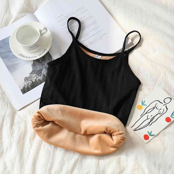 

winter warm thickened plush womens tanks spaghetti straps v neck slim bottoming vest solid color camisole shirt, White