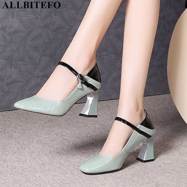 

allbitefo heel full genuine leather square toe brand high heels party women shoes women high heel shoes women heels 210611, Black