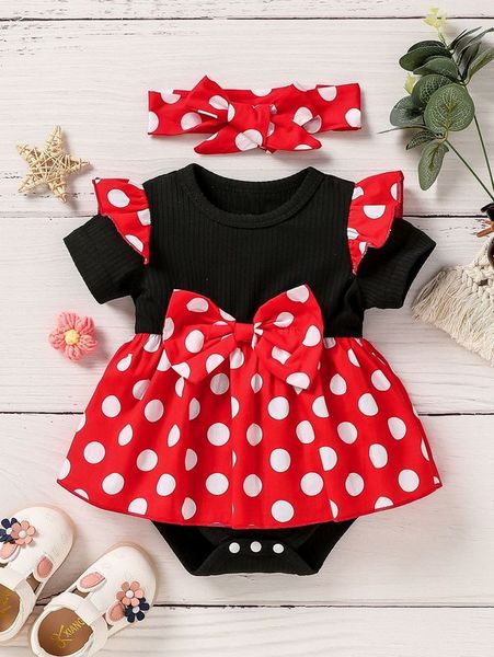 

baby bow front polka dot dress with headband she, Red;yellow