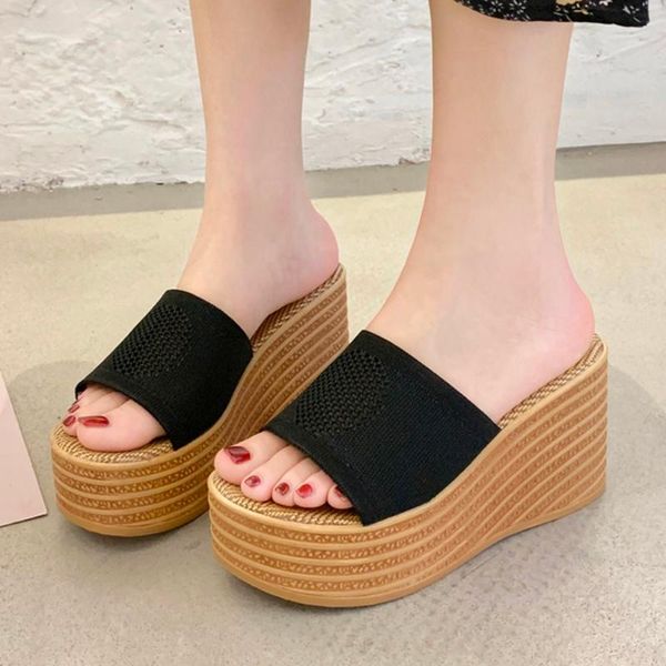 

slippers women knitted breathable shoes wedges party platform beach slipper flip flops 2021, Black
