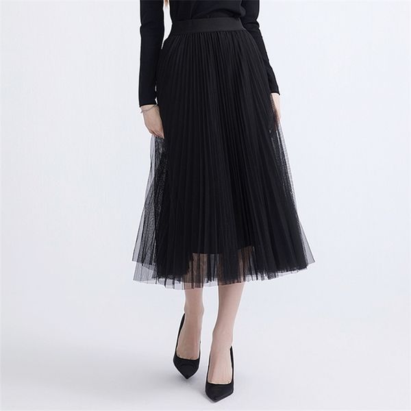 

spring summer gothic black white long mesh skirt vintage korean england style high street elastic waist basic accordion skirts 210730