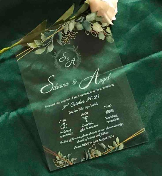 Convite acrílico do casamento de 10 pcs personalizados, eucalipto e ouro do falso, DIY convites, casamento branco do casamento da tinta convida, convites acrílicos personalizados H1231