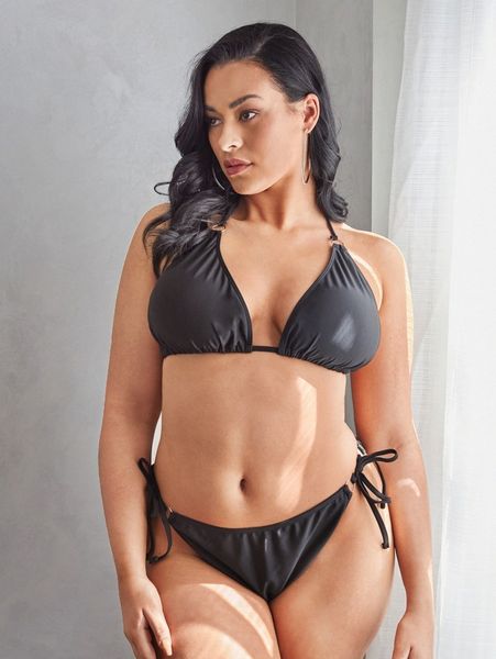 

plus triangle tie side bikini swimsuit 90ig#, Black
