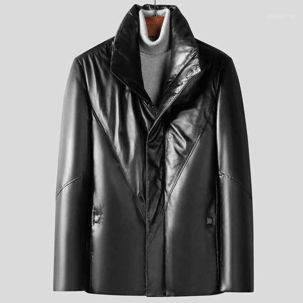 

men's leather & faux winter stand collar sheepskin thickened coat jacket down, Black