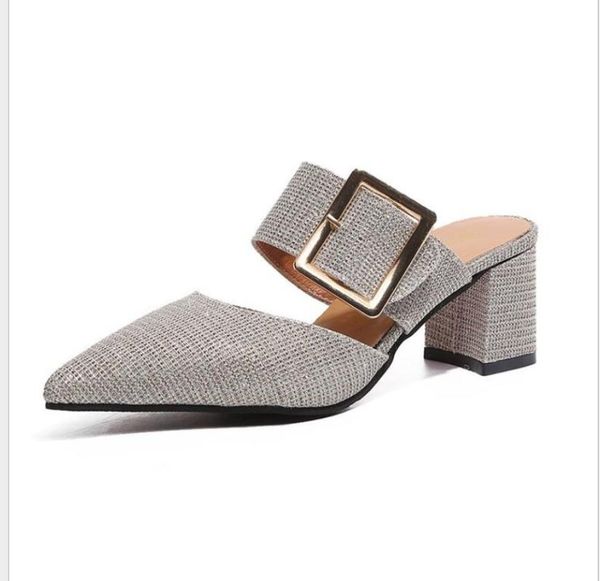 

classic women female fashion casual belt buckle pointed toe half slides sandals high chunky heels slippers thick with shoes dress, Black