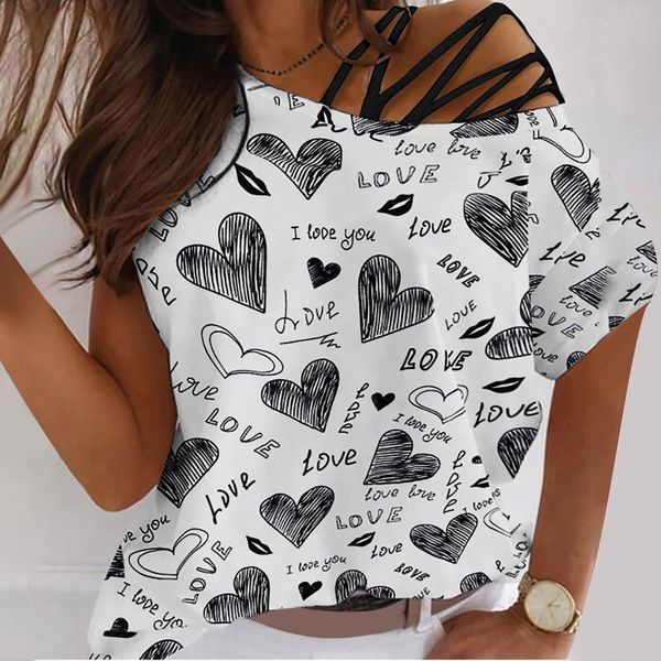 

women's blouses & shirts summer dew shoulder blouse womens fashion heart print round neck short sleeves casual loose blusas, White