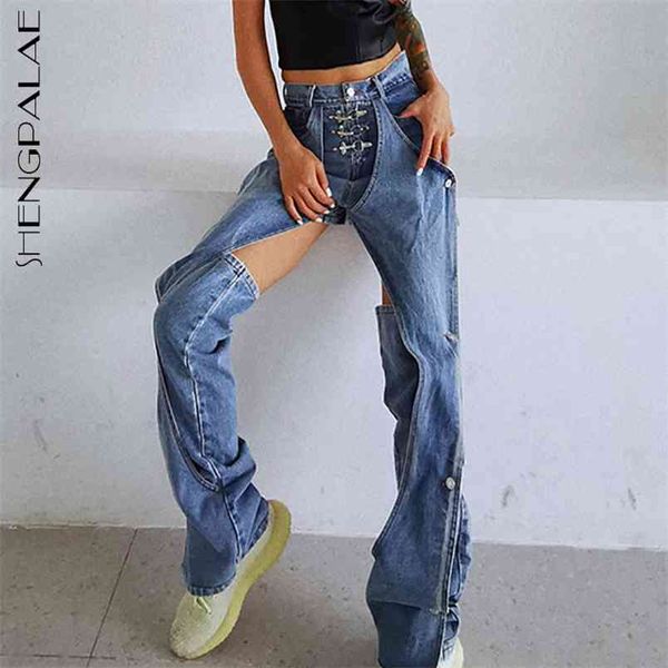 

streetwear hollow out jeans women's spring high waist wide leg female disassemble denim pants trendy 5b373 210427, Blue