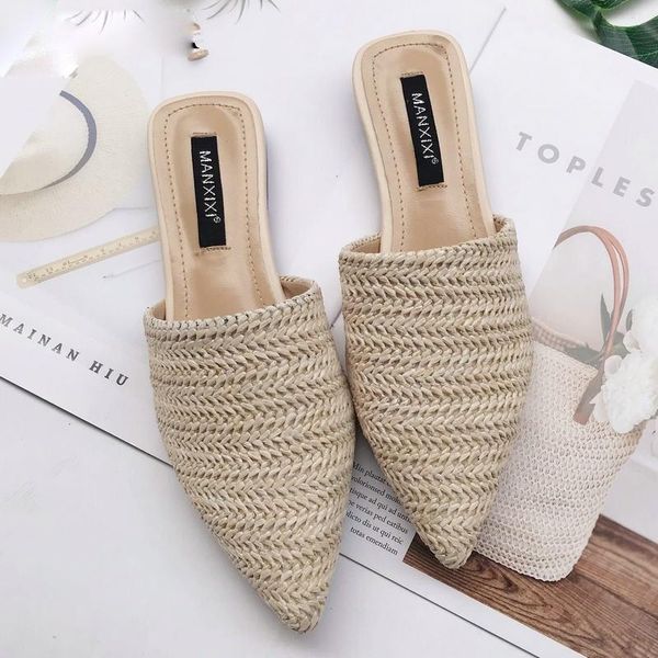 

slippers hee grand fashion women summer flat heel slides pointed toe weave mules shoes slip on outside pu sandals xwt1811, Black