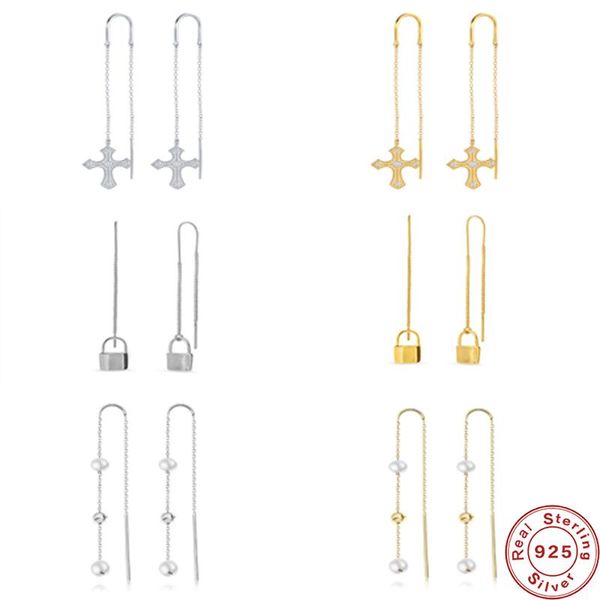 

canner 925 sterling silver pearl ball drop earrings long chain tassel dangle cross lock pendant threader & chandelier